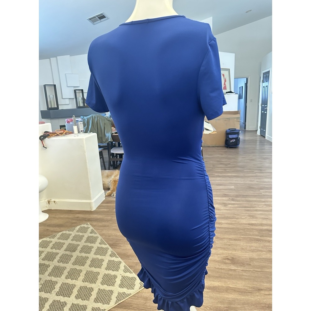 Electric Blue Cut Out Clubwear Dress M/6/8 Bodycon Ruffle Bare Midriff Low Cut - Picture 5 of 9